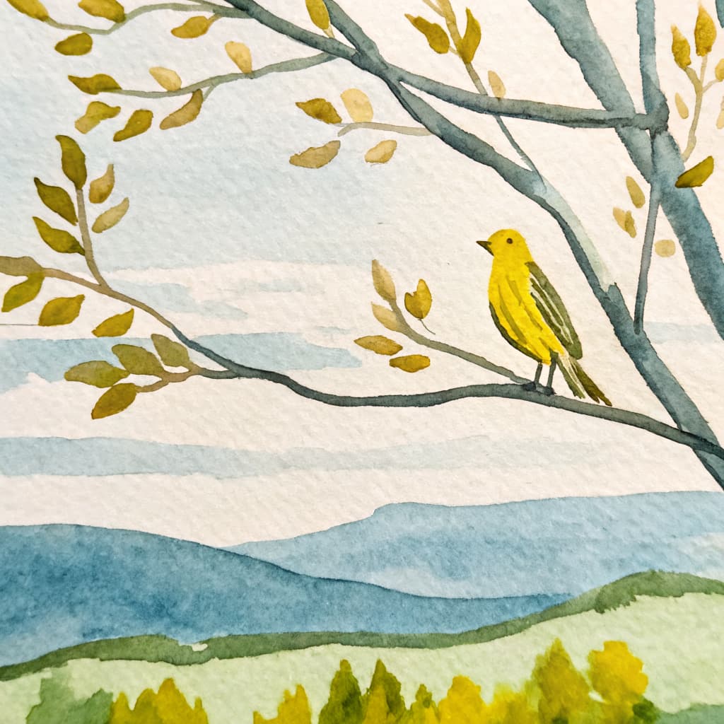 Illustrated canary perched on an autumn Texas Hill Country branch