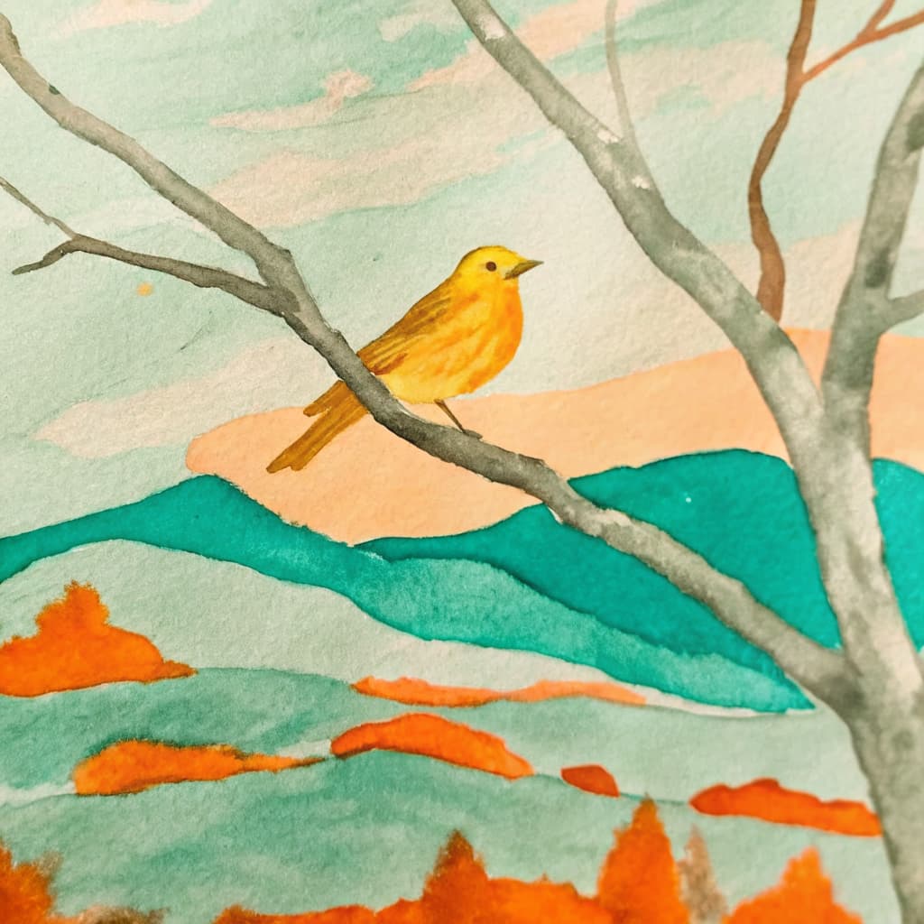 Illustrated canary perched on an autumn Texas Hill Country branch
