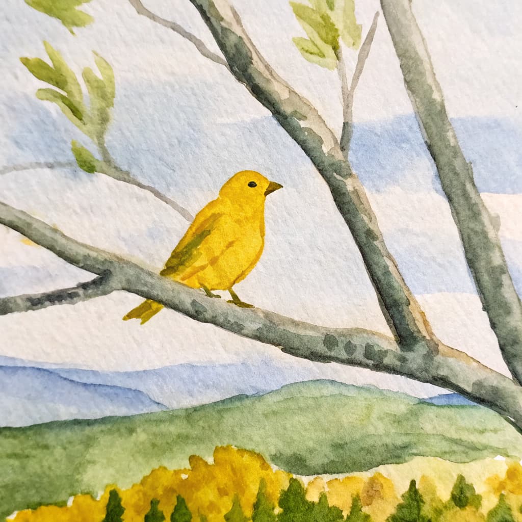 Illustrated canary perched on an autumn Texas Hill Country branch