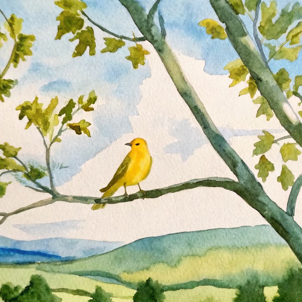 Illustrated canary perched on an autumn Texas Hill Country branch