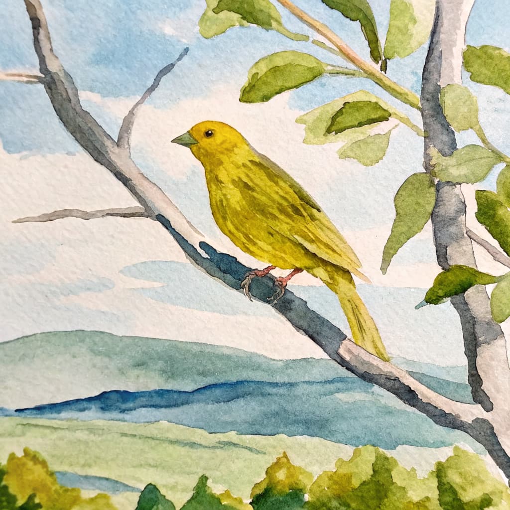 Illustrated canary perched on an autumn Texas Hill Country branch
