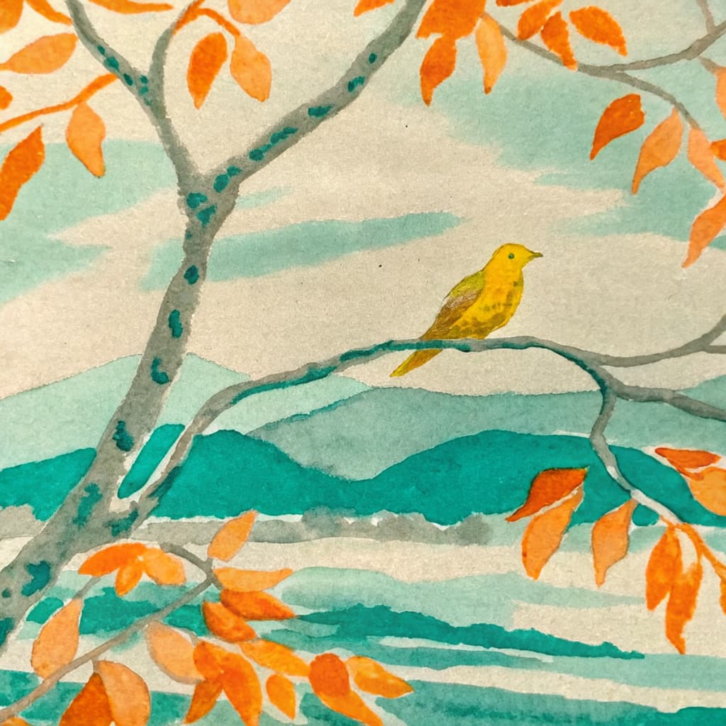Illustrated canary perched on a summer Texas Hill Country branch