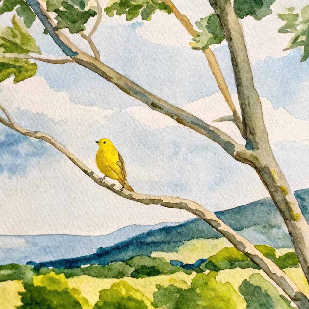 Illustrated canary perched on a summer Texas Hill Country branch