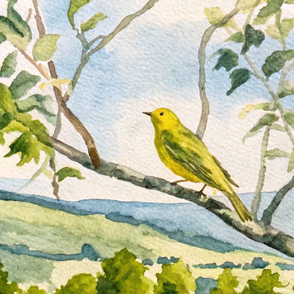 Illustrated canary perched on a summer Texas Hill Country branch